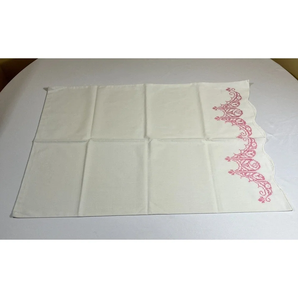 Vintage Cross Stitch Pillowcases White Cotton Pink Scalloped Edge Cottagecore 2p